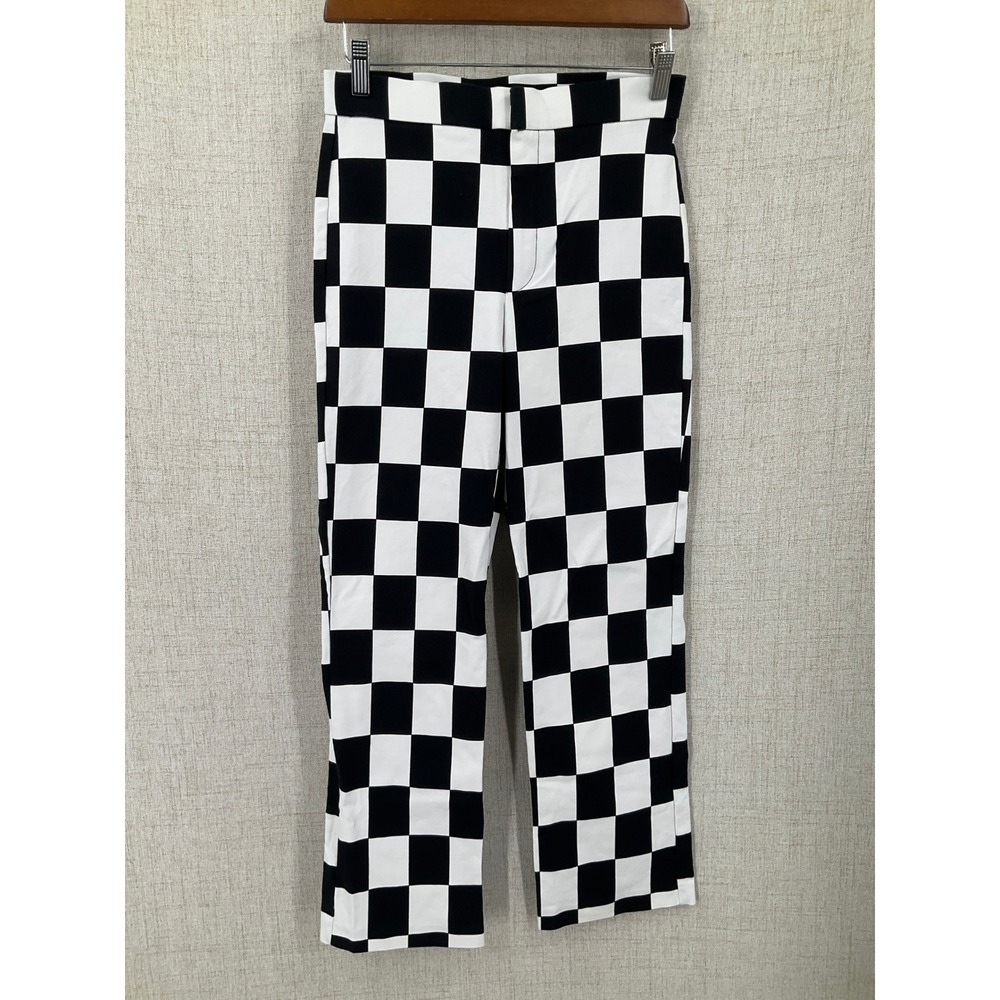 Zara Pants Women Small S Black White Checkerboard Straight Leg High Rise‎ Retro